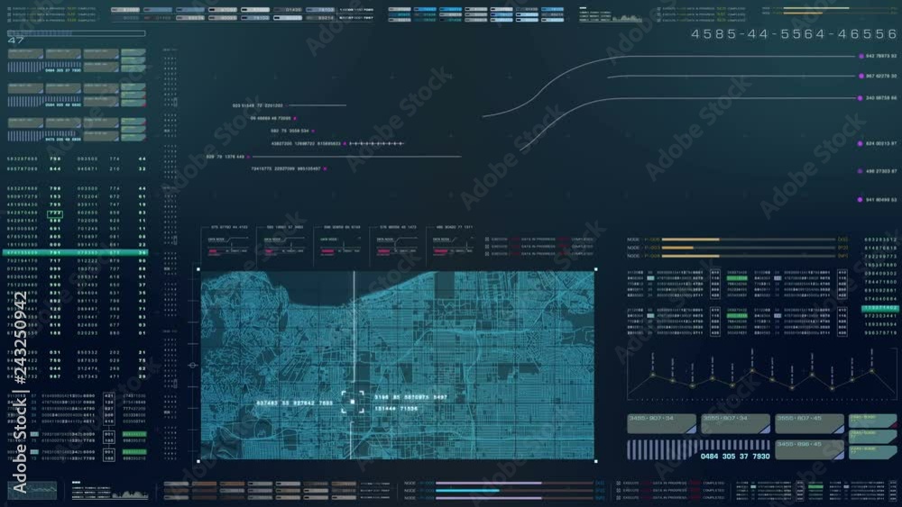 Leinwandbilder Futuristic motion graphic user interface head up display screen with digital data city map telemetry information display for digital background computer desktop display screen