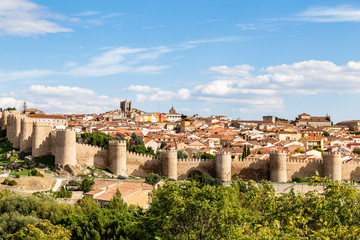 Panoramic view of the historic city of Avila from the Mirador of Cuatro Postes, Spain, with its...