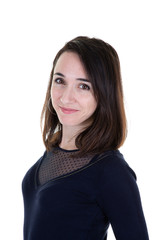 brunette friendly young woman under white background isolated
