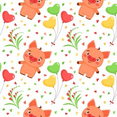 Fototapeta premium Vector seamless pattern with Valentine's Day elements and piggy. Pattern in cartoon style