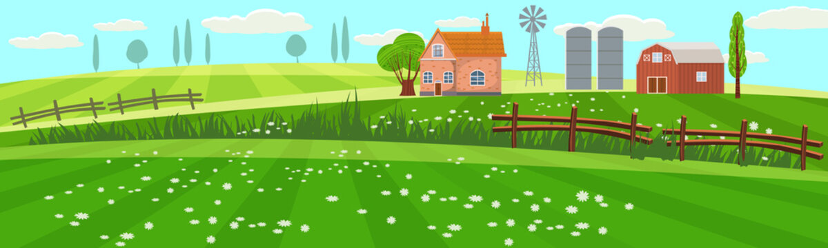 Rural spring landscape countryside with farm field with green grass, flowers, trees. Farmland with house, windmill and hay stacks. Outdoor village scenery, farming background. Vector illustration