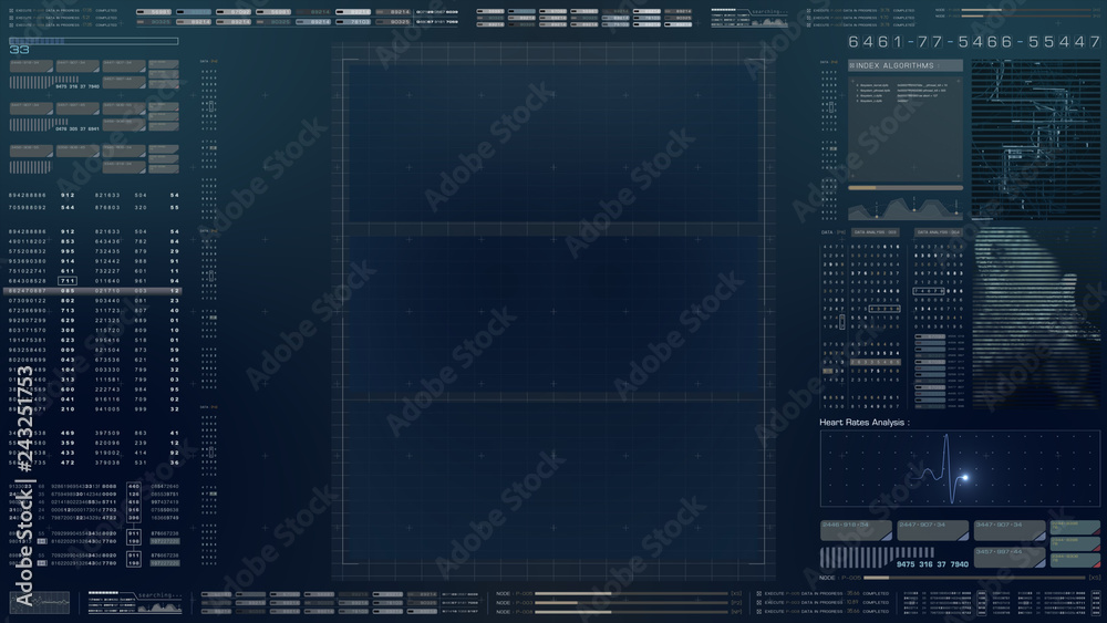 Poster Futuristic motion element user interface information technology virtual biomedical holographic human body scan diagnostic with data and telemetry head up display for background computer desktop screen
