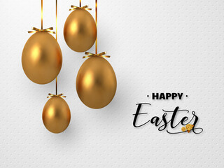 3d metallic golden eggs hanging foil bow on white spotted background. Decorative Easter concept. Vector illustration.