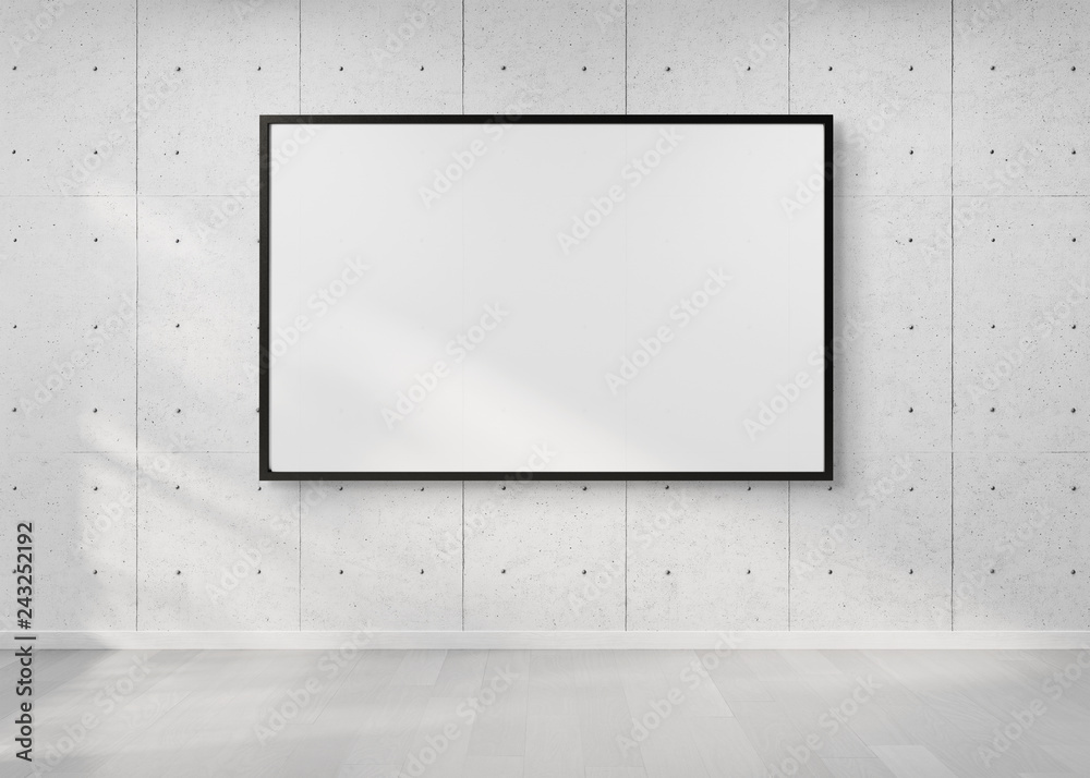 Poster black frame hanging on a wall mockup 3d rendering