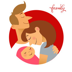 Illustration of couple with baby. 