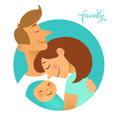 Illustration of couple with baby. 
