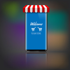 Mobile phone with store or market striped awning and shopping icon or cart. Vector illustration.