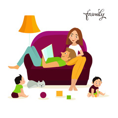 Happy family on sofa. Flat design