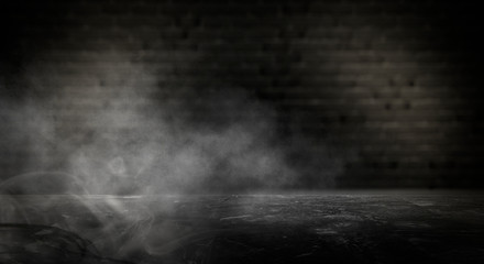 Background of an empty dark-black room. Empty brick walls, lights, smoke, glow, rays 