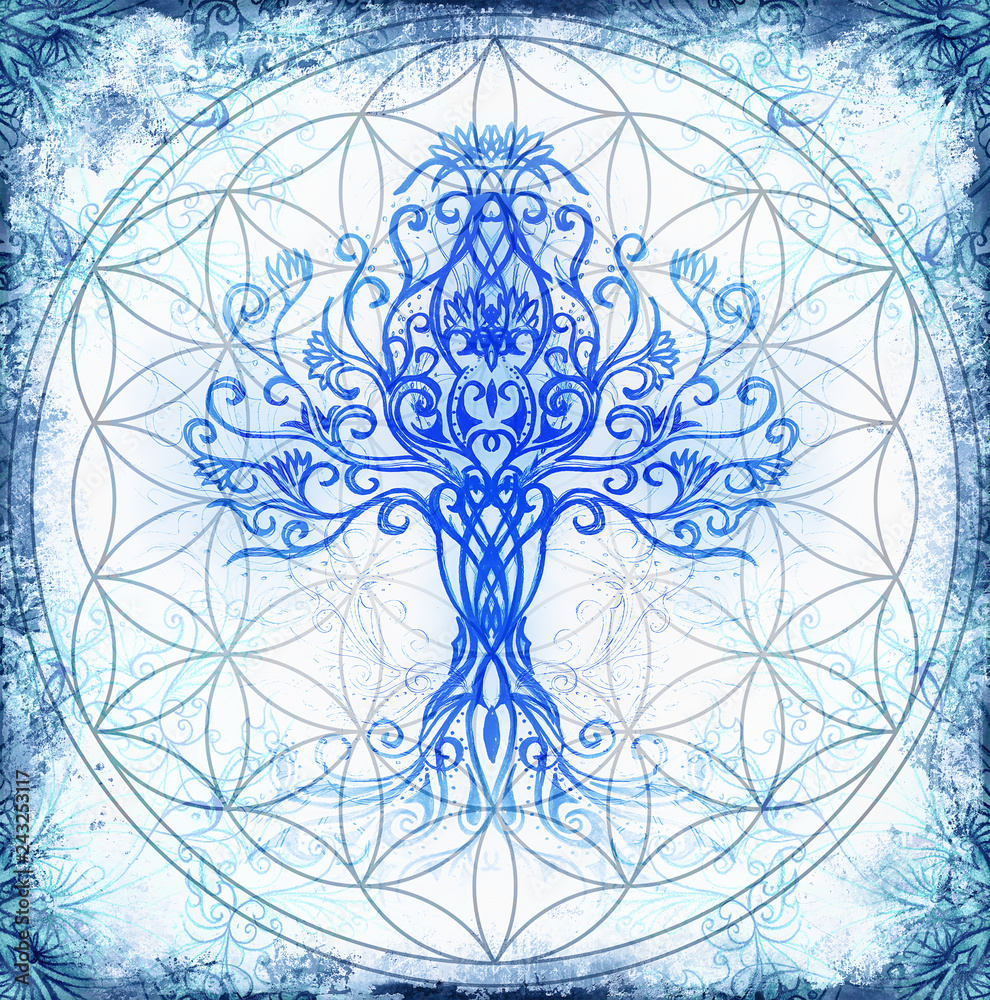 Poster tree of life symbol on structured ornamental background, flower of life pattern, yggdrasil.