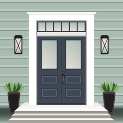 House door front with doorstep and steps, window, lamp, flowers in pot, building entry facade, exterior entrance design illustration vector in flat style