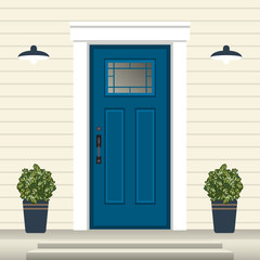 Obraz premium House door front with doorstep and steps, window, lamp, flowers in pot, building entry facade, exterior entrance design illustration vector in flat style