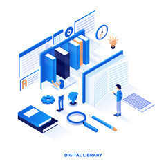 Flat color Modern Isometric Illustration design - Digital Library