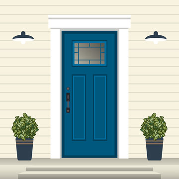 House door front with doorstep and steps, window, lamp, flowers in pot, building entry facade, exterior entrance design illustration vector in flat style