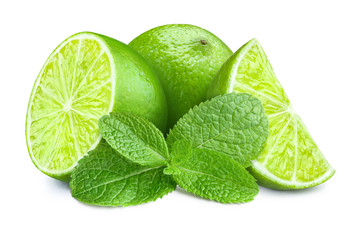 Fresh limes and mint leaves, isolated on white background