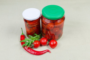 Canned and fresh peppers chili and cherry tomatoes