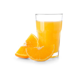 Glass of fresh orange juice on white background