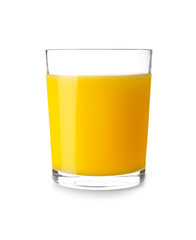 Glass of fresh orange juice on white background