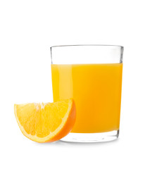Glass of fresh orange juice on white background