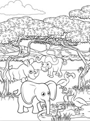 A safari cartoon cute animal background African savannah landscape coloring outline scene.