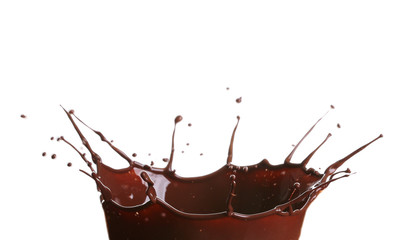 Splash of hot chocolate on white background