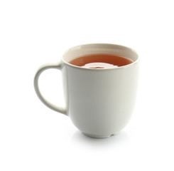 Cup of hot tea on white background