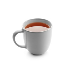 Cup of hot tea on white background