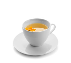Cup of hot tea on white background