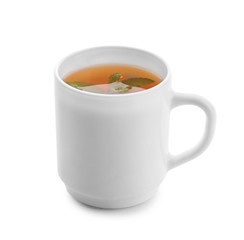 Cup of hot tea on white background