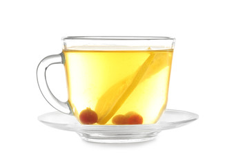 Cup of hot tea on white background