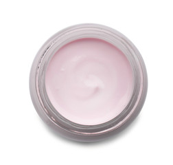Glass jar with tasty yogurt on white background