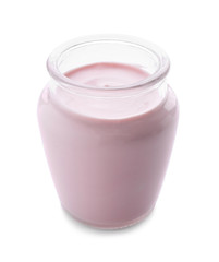 Glass jar with tasty yogurt on white background