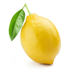 Yellow ripe lemon with leaf, isolated on white background