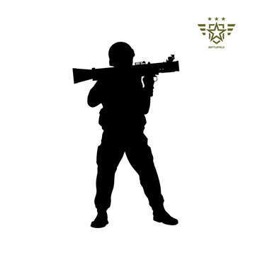 Black silhouette of american soldier with rocket launcher. USA army. Military man with grenade weapon. Isolated warrior image