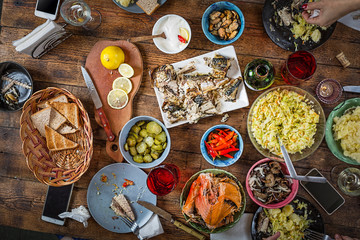 Easter table,Festive treat, party, snack, different dishes, seaf