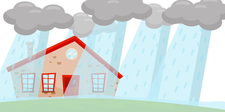 Heavy rain flooding living house. Huge gray clouds. Natural disaster. Emergency situation. Flat vector design