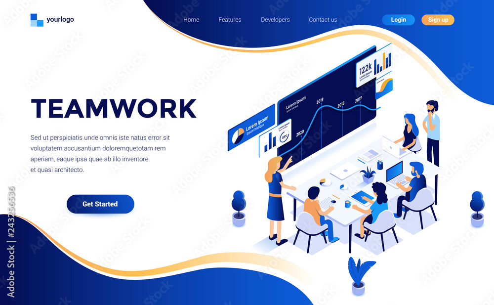 Wall mural modern flat design isometric concept of teamwork for website and mobile website. landing page templa