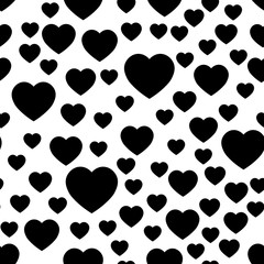 Black heart silhouettes seamless pattern. Random scattered hearts background. Love or Valentine theme. Vector illustration.
