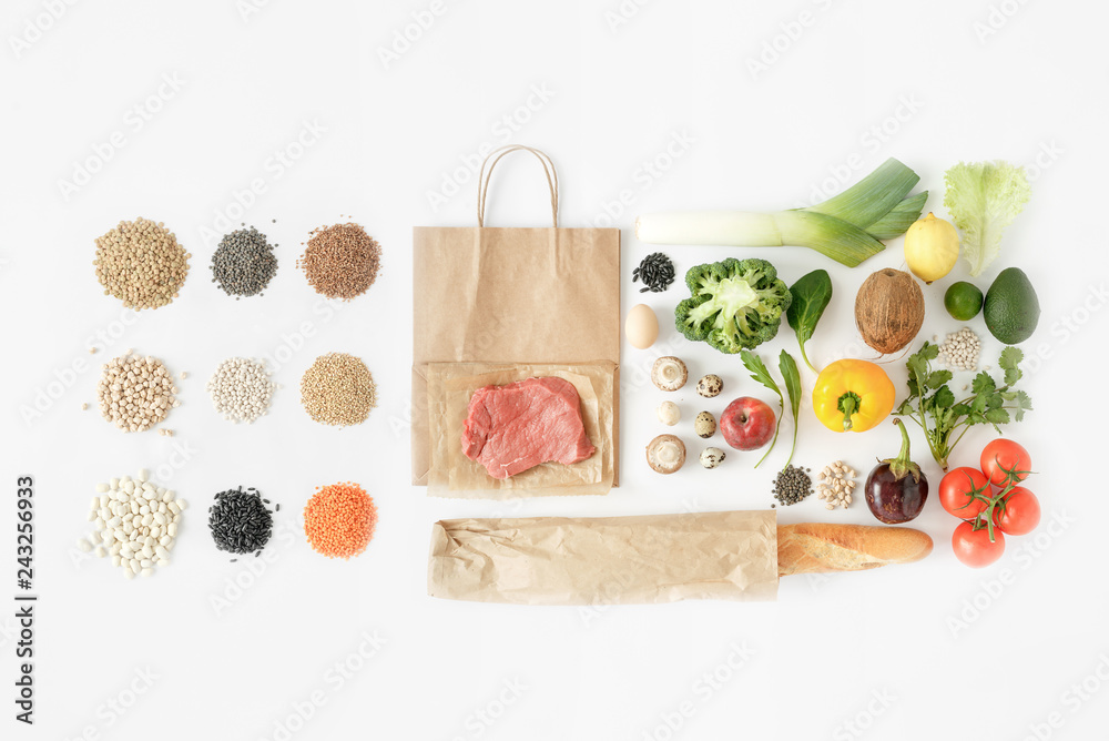 Poster Full paper bag different healthy food white background Top view Flat lay