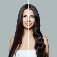 Beautiful woman before and after using a hair ironing or hair curler for perfect curls. Haircare and hair styling concept
