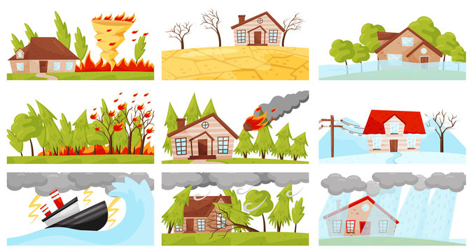 Flat vector set of natural disasters illustrations. Fire whirl, lightning storm, wildfire, meteorite fall