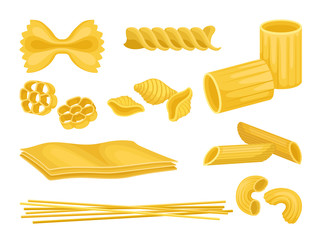 Flat vector set of Italian pasta of different shapes. Uncooked macaroni. Food product
