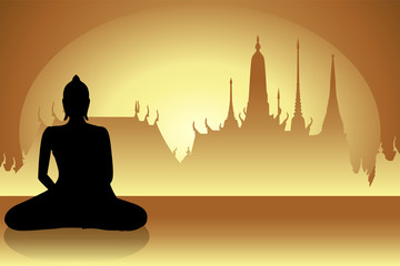 Gold color Budha from Buddhism and temple with sunshine background