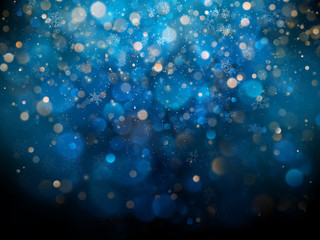 Obraz na płótnie Canvas Christmas and New Year template with white blurred snowflakes, glare and sparkles on blue background. EPS 10