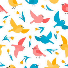 Pattern with colorful flying birds isolated on white.