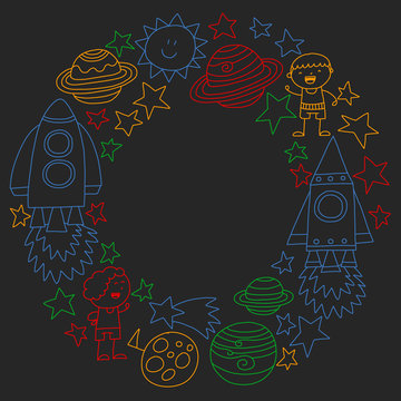 Vector set of space elements icons in doodle style. Painted, colorful, pictures on a piece of paper on blackboard.