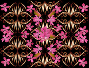 brown curls with pink flowers on black background
