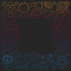 Vector set of space elements icons in doodle style. Painted, colorful, gradient pictures on a piece of paper on blackboard.