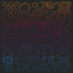Vector set of space elements icons in doodle style. Painted, colorful, gradient pictures on a piece of paper on blackboard.