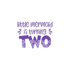 Second birthday for little girl with mermaid scales vector illustration.Cute word Two with mermaid scales